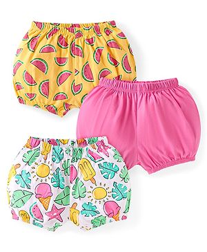Babyhug 100% Cotton Knit Bloomers with Tropical Theme Print Pack of 3 - Yellow Pink & White