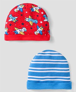 Babyhug 100% Cotton Cap with Stripes & Airplane Print Pack of 2 Blue & Red - Diameter 12