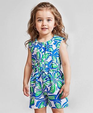 Babyhug Cotton Knit Sleeveless Jumpsuit With Floral Print & Bow Applique - White