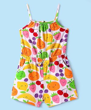 Babyhug Cotton Knit Sleeveless Jumpsuit with Fruits Print & Bow Applique - White