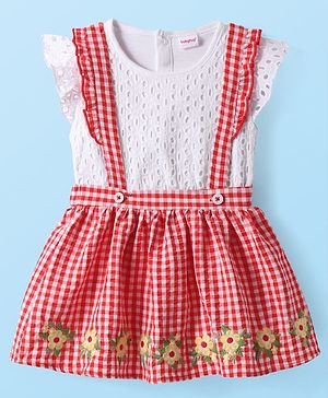 Babyhug Single Jersey Knit Frill Sleeves Top & Checks Skirt Set With Floral Embroidery - White & Pink