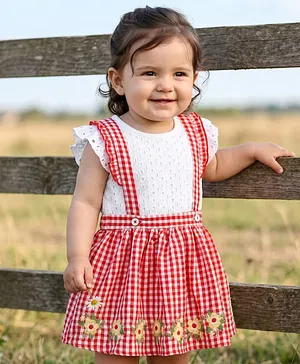 Babyhug Single Jersey Knit Frill
                              Sleeves Top & Checks Skirt Set With
                              Floral Embroidery - White & Pink