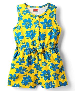 Babyhug Cotton Knit Sleeveless Jumpsuit With Floral Print & Bow Applique - Yellow
