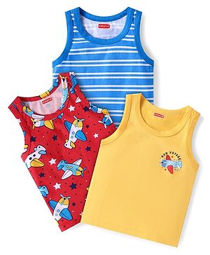 Babyhug 100% Cotton Knit Sleeveless Striped Sando with Airplane Print Pack of 3 - Red Yellow & Blue