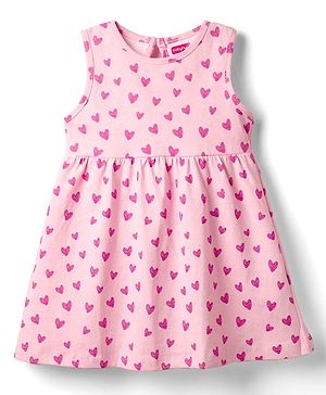 Babyhug Single Jersey Knit Sleeveless Frock with Heart Print - Pink