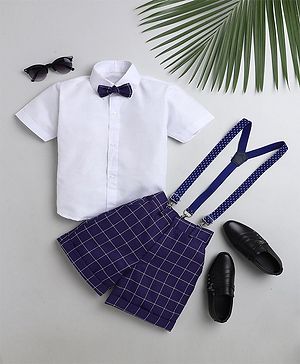 Jeet Ethnics Half Sleeves Solid Shirt With Checked Shorts & Suspender With Bow - Navy Blue