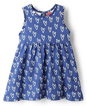 Babyhug Single Jersey Knit Sleeveless Frock With Heart Print - Blue