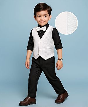 Babyhug Knit Full Sleeves Solid 3 Piece Party Suit With Bow - White & Black