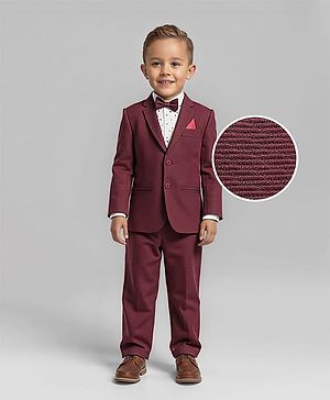 Babyhug Knit Full Sleeves Printed 3 Piece Party Suit With Bow - Maroon