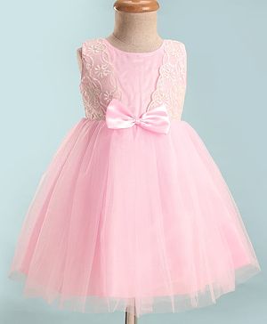 Babyhug Woven Sleeveless Fit & Flare Mesh Party Dress with Lace on Yoke & Bow Applique - Light Pink