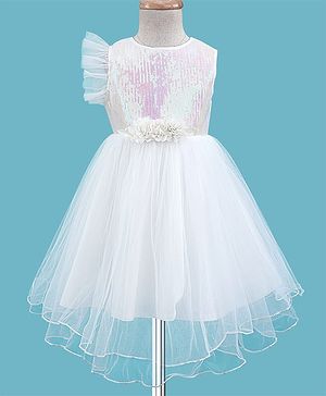Babyhug Woven Sleeveless Fit & Flare Party Dress with Sequined Yoke & Floral Corsage - White