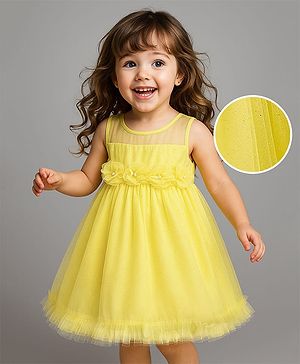 Babyhug Woven Sleeveless Solid Mesh Party Dress With 3D Floral Applique - Light Yellow
