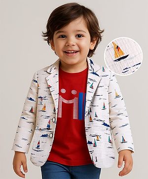 Babyhug Knit Full Sleeves Party Wear Blazer with Smile Text Print T-Shirt - Off white & Red
