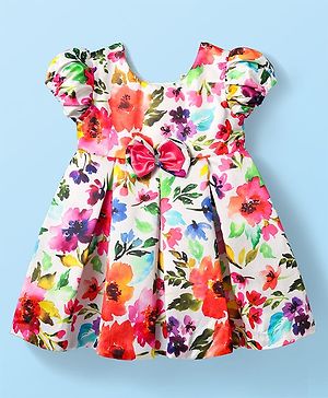 Babyhug Organza Woven Puffed Sleeves Party Dress With Floral Print & Bow Applique - White