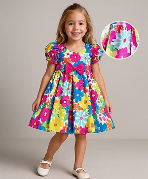Babyhug Nylon Woven Half Sleeves Party Dress With Floral Print & Bow Applique - Multicolor