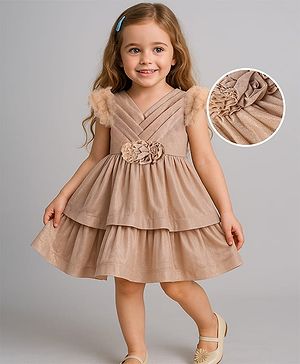 Babyhug Woven Sleeveless Party Dress With Floral Applique & Ruffle Detailing - Metallic Gold