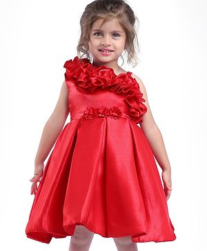 Babyhug Woven One Shoulder Sleeves Party Dress With Ruffle Detailing & Floral Applique - Red