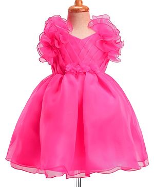 Babyhug Woven Frill Sleeves Solid Party Dress With Floral Corsage - Dark Pink