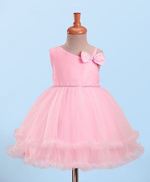 Babyhug Mesh Woven Sleeveless Tiered Party Dress with Bow Applique & Pearl Detailing - Pink