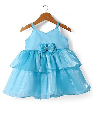 Babyhug Woven Sleeveless Solid Party Dress With Bow Applique - Light Blue