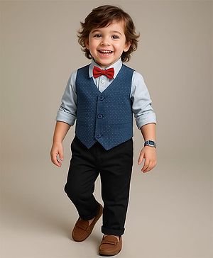 Babyhug Woven Full Sleeves Polka Dot Printed 3 Piece Party Suit With Bow - Blue & Black