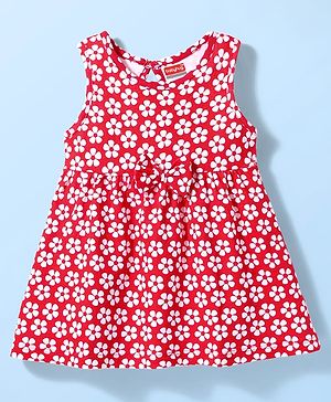 Babyhug Single Jersey Knit Sleeveless Frock with Floral Print & Bow Applique - Red