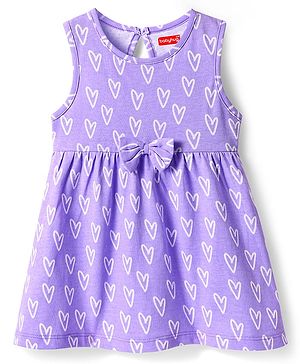Babyhug Single Jersey Knit Sleeveless Frock With Heart Print & Bow Applique - Lilac