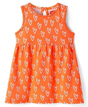 Babyhug Single Jersey Knit Sleeveless Frock With Heart Print - Orange