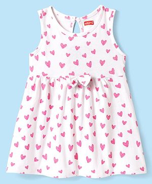 Babyhug Single Jersey Knit Sleeveless Frock with Heart Print & Bow Applique - White & Pink