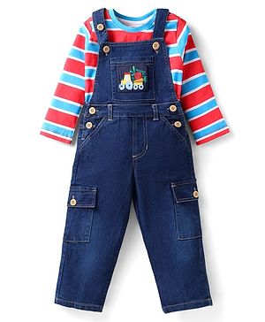 Babyhug Single Jersey Knit Full Sleeves Striped T-Shirt & Dungaree with Vehicle Print - Red & Blue