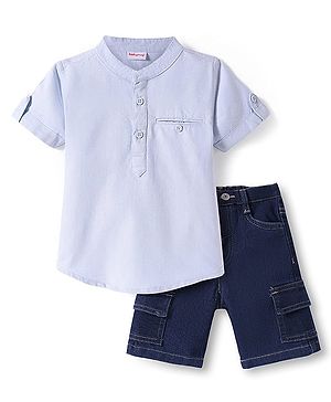 Babyhug Cotton Oxford Half Sleeves Solid Color Kurta Style Shirt & Denim Shorts Set - Blue