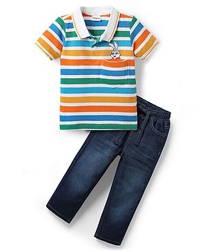 Babyhug Single Jersey Knit Half Sleeves Polo T-Shirt & Jeans with Stripes & Bunny Print - Blue & White