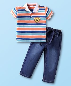 Babyhug Single Jersey Knit Half Sleeves Polo Neck T-Shirt & Jeans with Stripes Lion Print - Blue