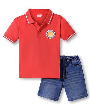 Babyhug Single Jersey Knit Half Sleeves Polo T-Shirt & Denim Shorts Set with Patch Detailing - Red & Blue