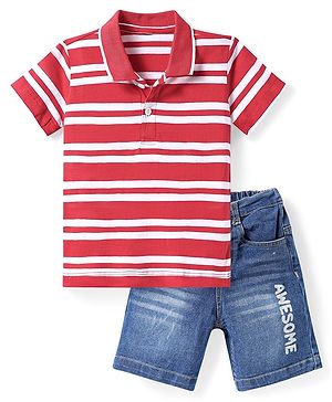 Babyhug Single Jersey Knit Half Sleeves Striped Polo T-Shirt and Denim Shorts Set - Dark Red & Blue
