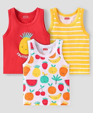 Babyhug 100% Cotton Knit Sleeveless Sandos With Stripes & Fruits Print Pack of 3 - Red Yellow & White