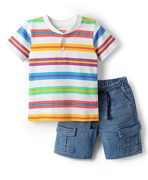 Babyhug Single Jersey Knit Half sleeves Henley Neck T-Shirt & Shorts Set with Stripes - Blue & White