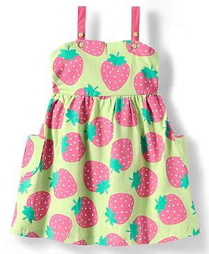 Babyhug Cotton Knit Sleeveless Frock With Strawberry Print - Yellow