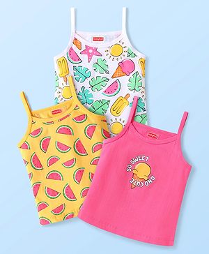 Babyhug 100% Cotton Knit Sleeveless Slips with Watermelon & Ice Cream Print Pack of 3 - Yellow White & Pink