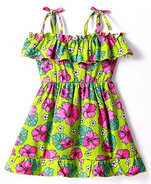 Babyhug Cotton Knit Singlet Sleeves Frock with Floral Print - Light Green