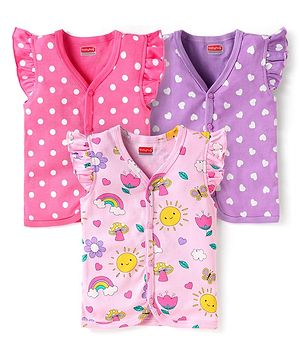 Babyhug 100% Cotton Interlock Knit Front Open Half Sleeves Vests With Polka Dots & Heart Print Pack Of 3 - Pink & Purple