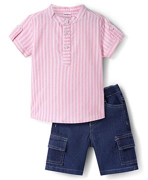 Babyhug Cotton Knit Half Sleeves Mandarin Collar Striped Shirt & Denim Shorts Set - Blue & Pink