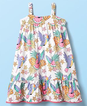 Babyhug Cotton Knit Sleeveless Frock with Jungle Theme Print - White