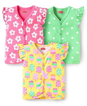 Babyhug 100% Cotton Interlock Knit Front Open Sleeveless Vests With Floral Popsicle & Polka Dot Print Pack Of 3 - Yellow Pink & Green