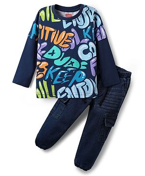 Babyhug Single Jersey Knit Full Doctor Sleeves T-Shirt & Denim Jeans Set With Text Print - Navy Blue