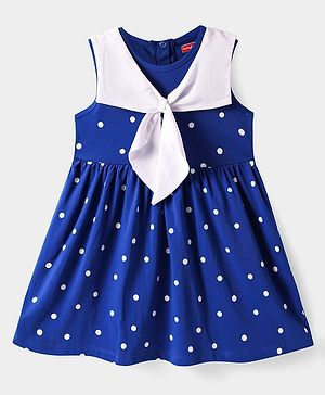 Babyhug Cotton Knit Sleeveless Sailor Collar Dress With Polka Dot Print - Blue