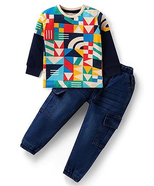 Babyhug Single Jersey Knit Full Sleeves T-Shirt & Joggers Set with Geometric Shapes Print - Blue