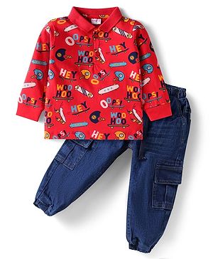 Babyhug Single Jersey Knit Full Sleeves Polo T-Shirt & Joggers Set with Skating Print - Red & Blue