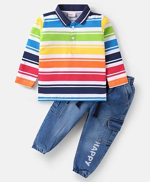 Babyhug Single Jersey Knit Full Sleeves Striped Polo T-Shirt & Denim Jeans Set With Happy Print - Red & Blue