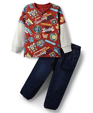 Babyhug Single Jersey Knit Full Doctor Sleeves Printed T-Shirt & Denim Jeans Set - Red & Blue